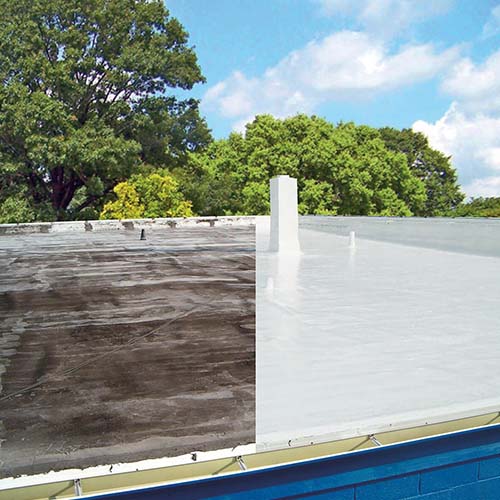 Before and after of a commercial flat roof restored with protective coating